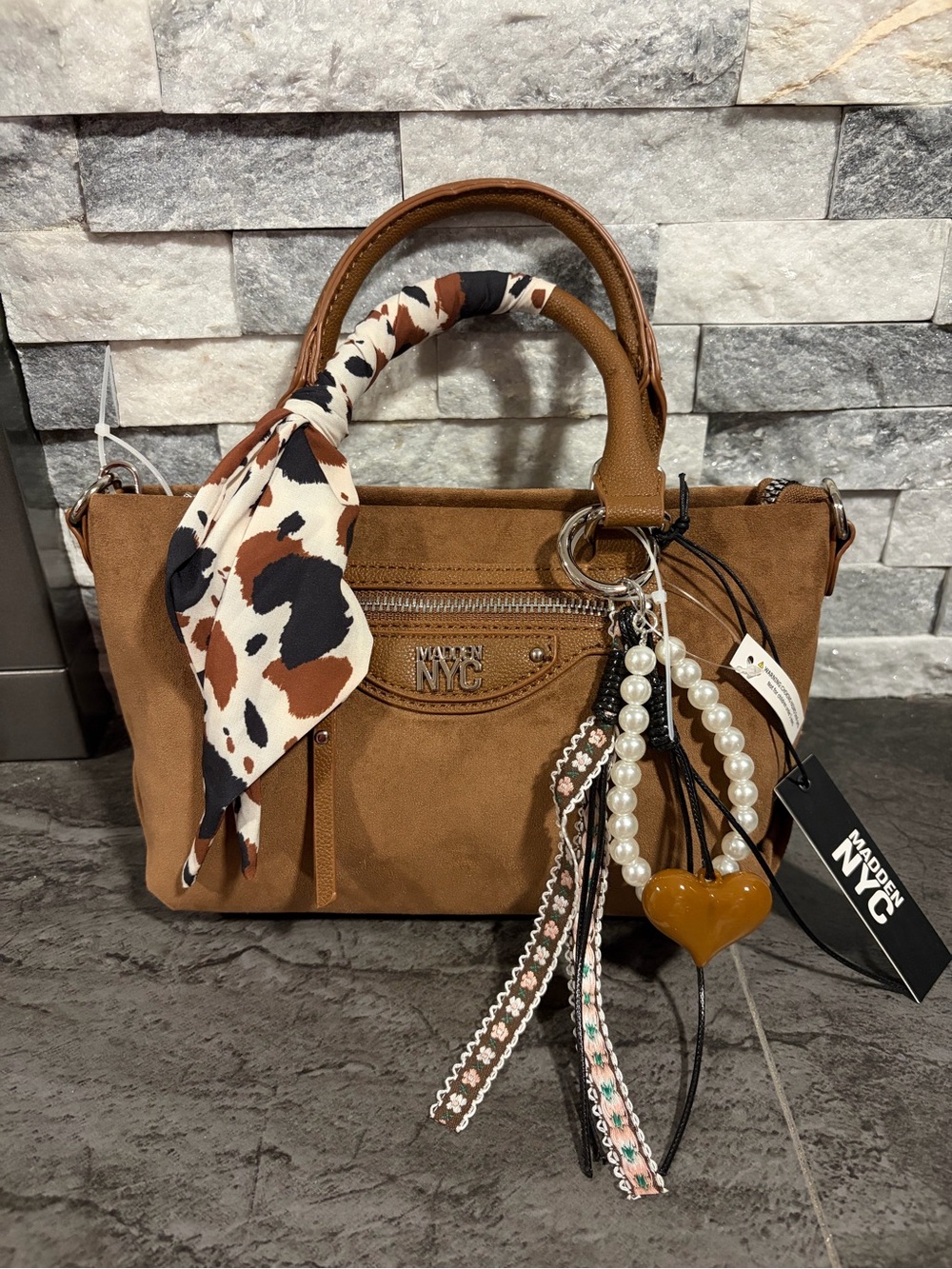 Madden NYC Brown Satchel Handbag with Scarf and Charms